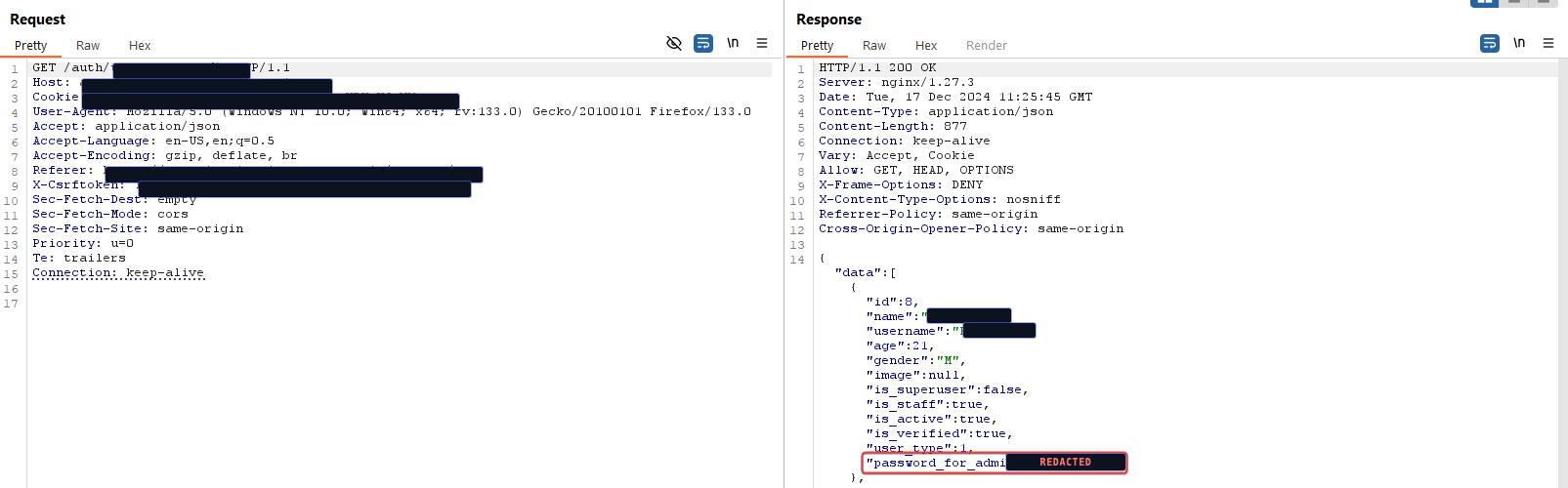 Sanitized API response: an unauthenticated endpoint returns user records containing an admin password field