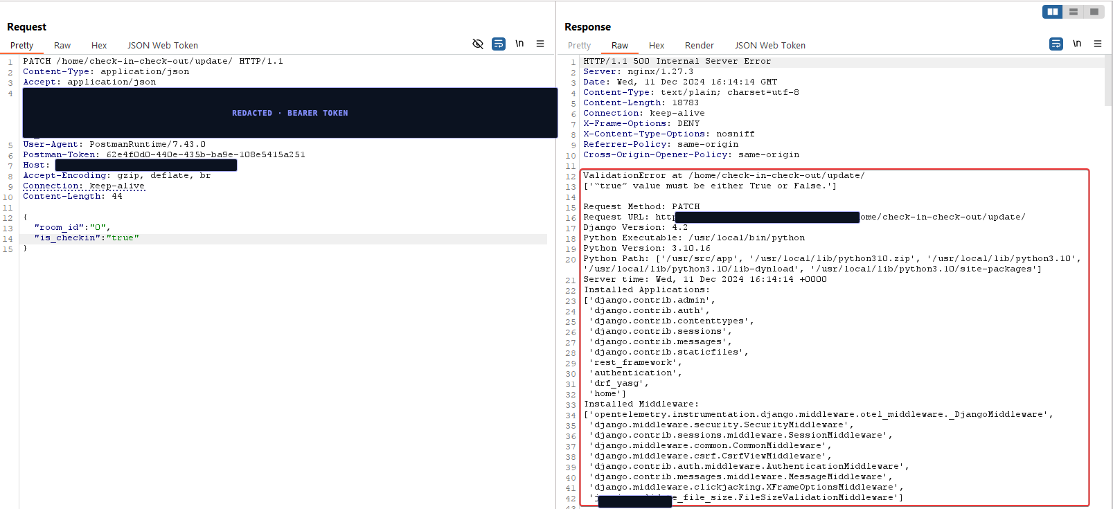 Sanitized HTTP 500 debug response exposing the framework version, server paths and configuration
