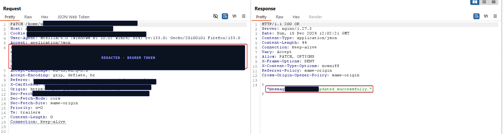 Sanitized request and response showing a low-privilege account performing an admin-only action