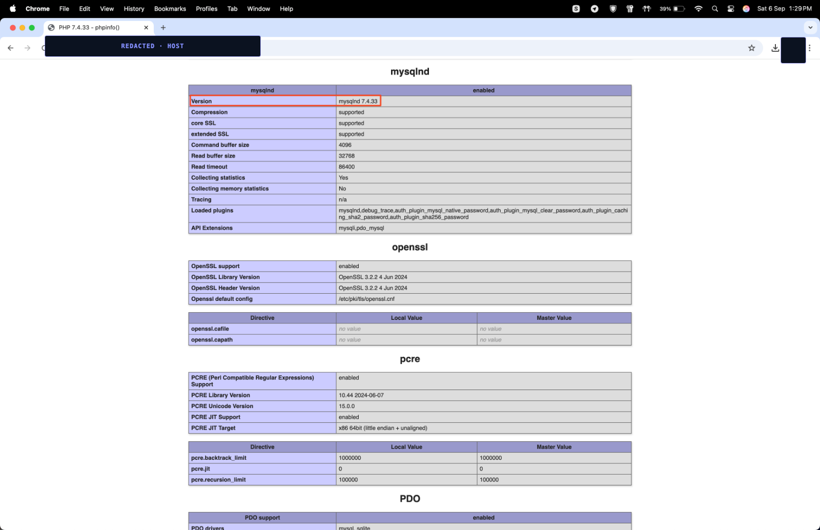 Sanitized browser view of a publicly accessible phpinfo page disclosing end-of-life PHP 7.4.33 configuration