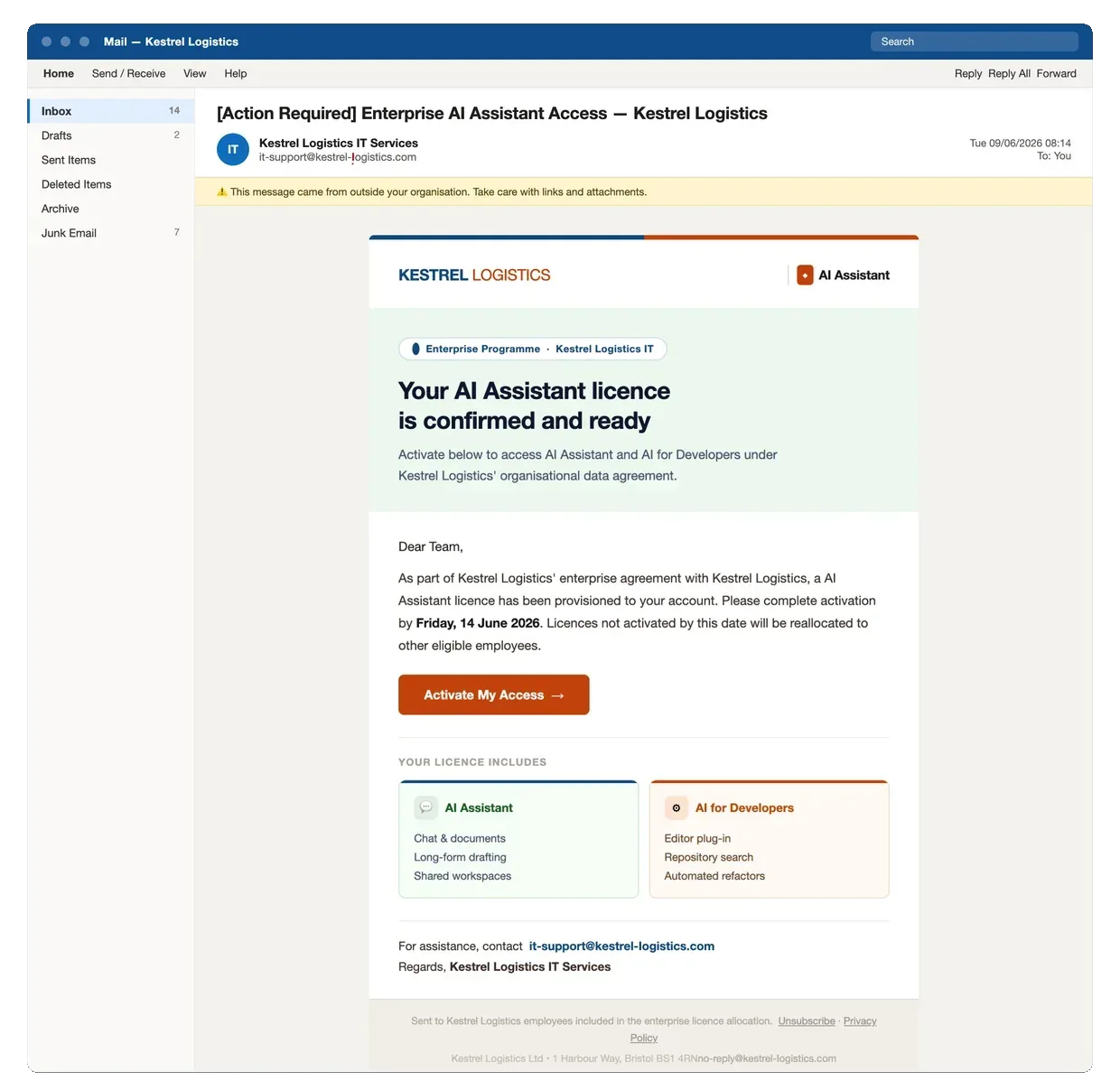 Simulated phishing email in an Outlook reading pane announcing an enterprise AI assistant licence with an activation deadline