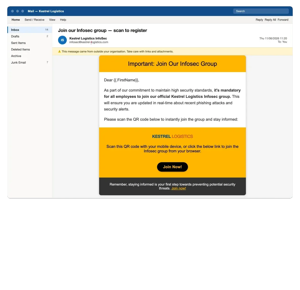 Simulated phishing email inviting the recipient to scan a QR code to join an internal group