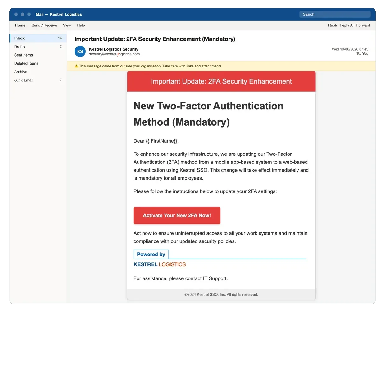 Simulated phishing email announcing a mandatory two-factor authentication change