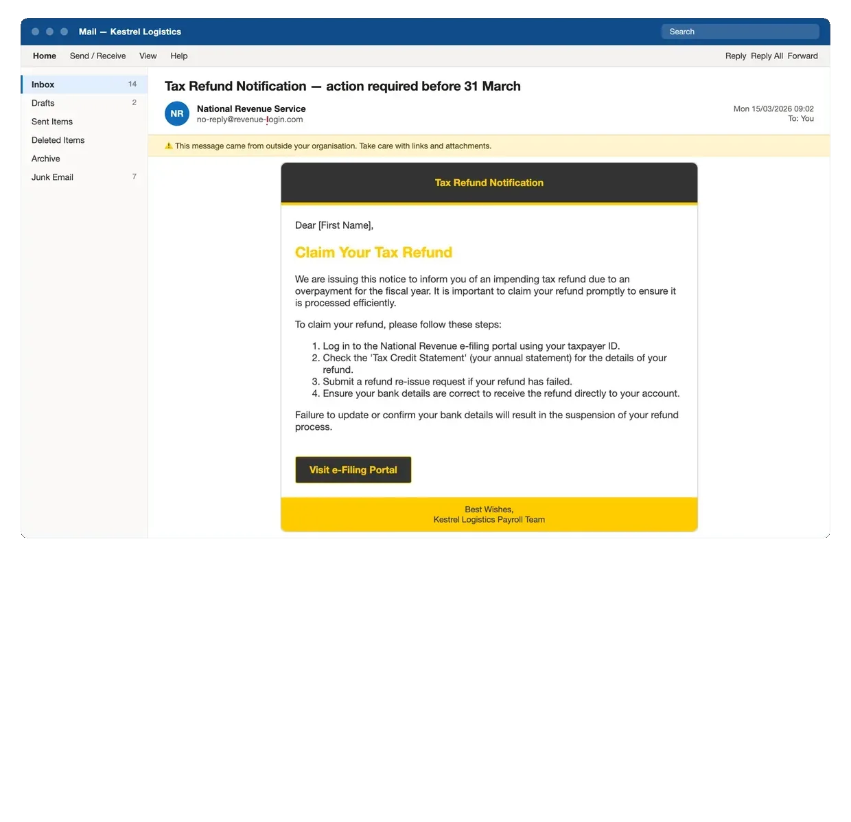 Simulated tax refund notification email from a generic national revenue service