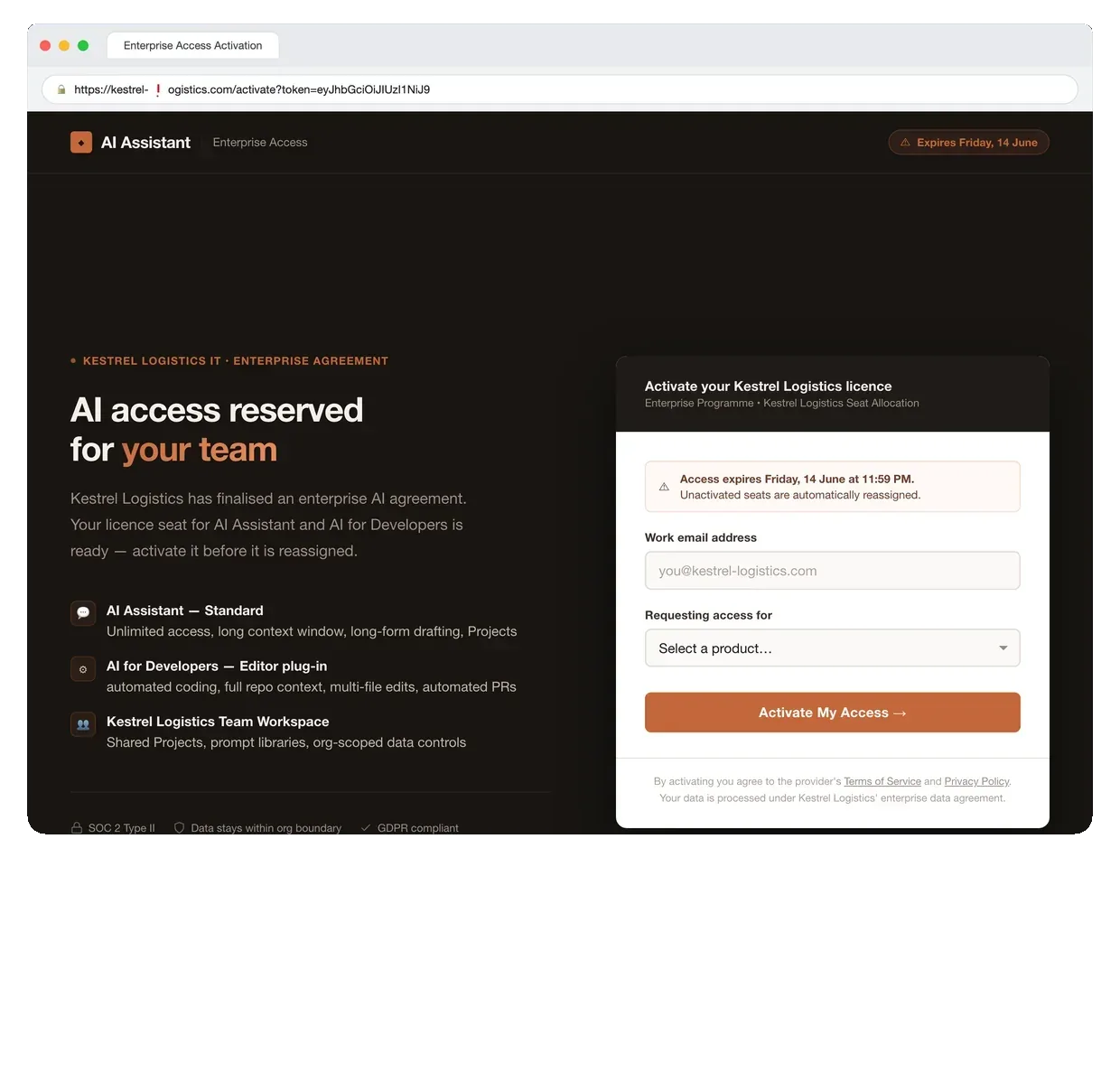 Simulated enterprise access activation landing page shown in a browser window with a lookalike domain in the address bar